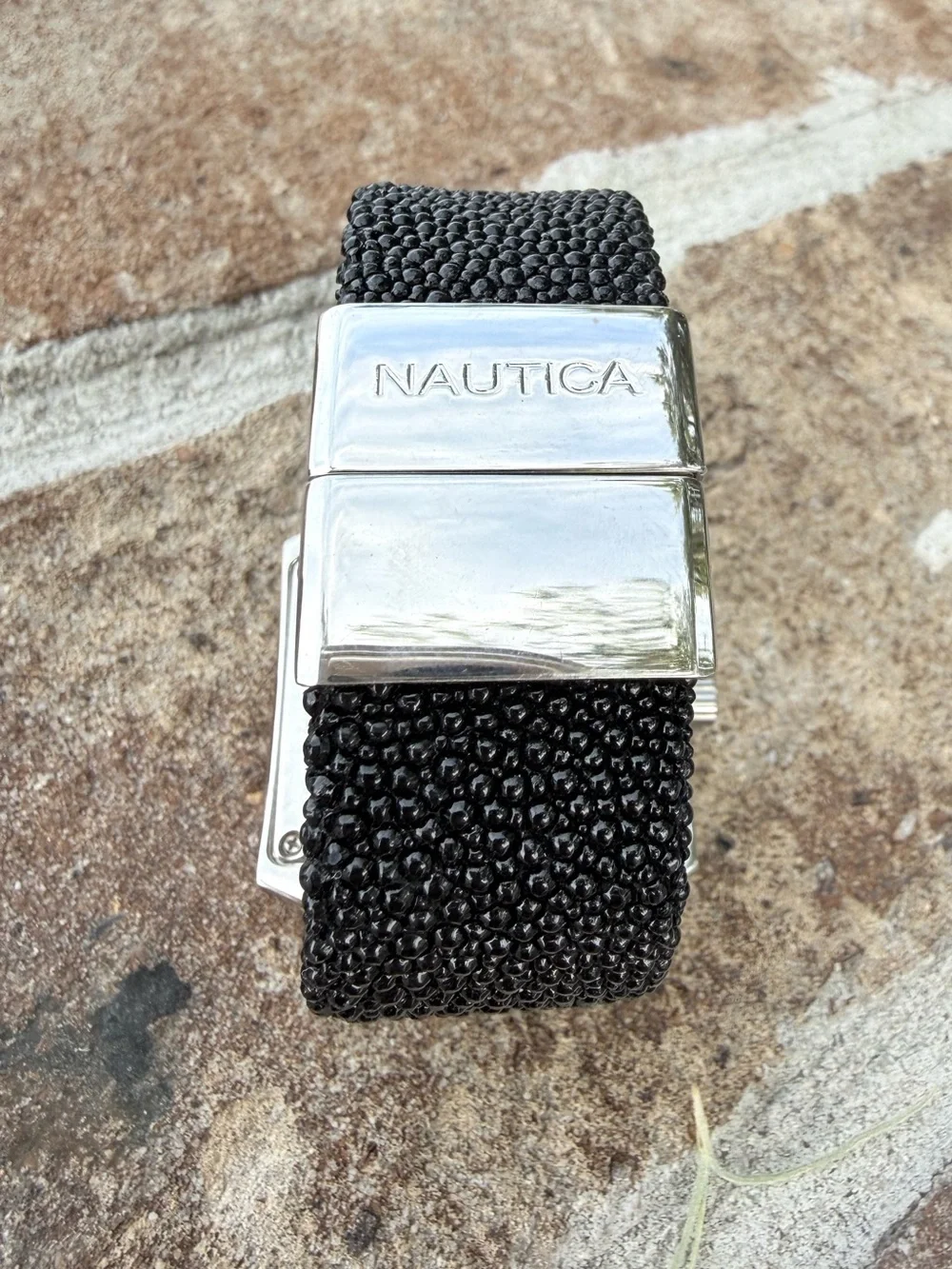 Nautica Silver Rectangular Watch with Black Beaded Strap